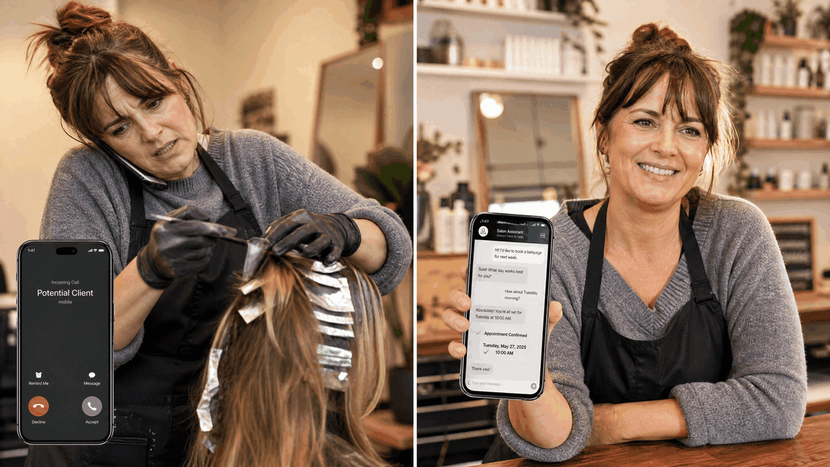 Left: stressed hairdresser can't take the call — Right: relaxed with ChatBot appointment confirmation